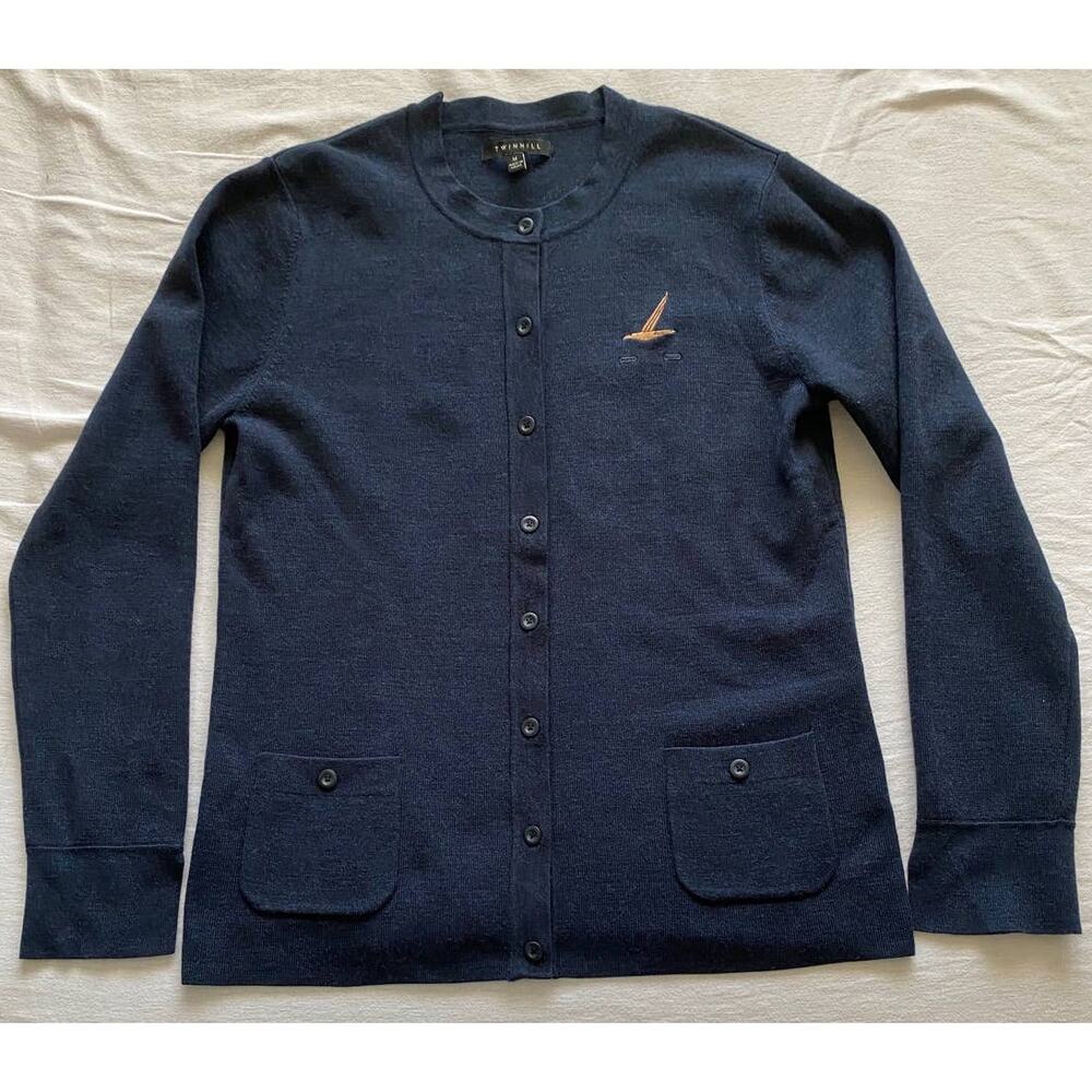 EUC! Twinhill Wool Blend Cardigan Sweater Uniform ALASKAN Crewneck M Navy Blue